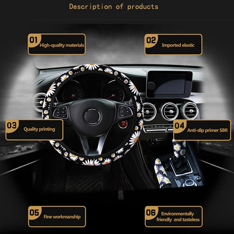 Cute Daisy Flower Knitted Steering Wheel Cover – Universal Car Interior Accessory