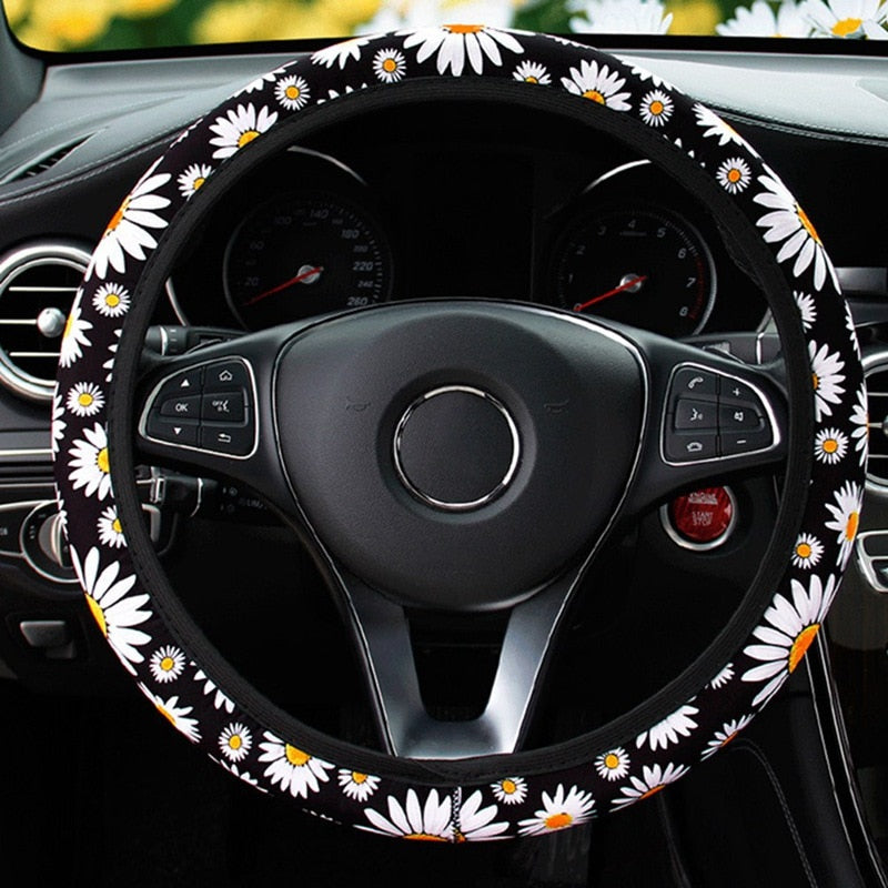 Cute Daisy Flower Knitted Steering Wheel Cover – Universal Car Interior Accessory